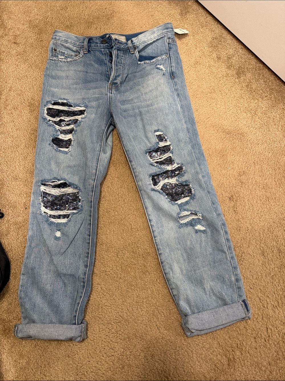 Free People Light Blue Distressed Boyfriend Jeans with Sequin Patches
